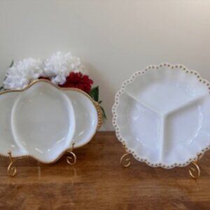 Vintage Milk Glass Divided Dishes Gold Trim Fire King Anchor Hocking Serving Pla
